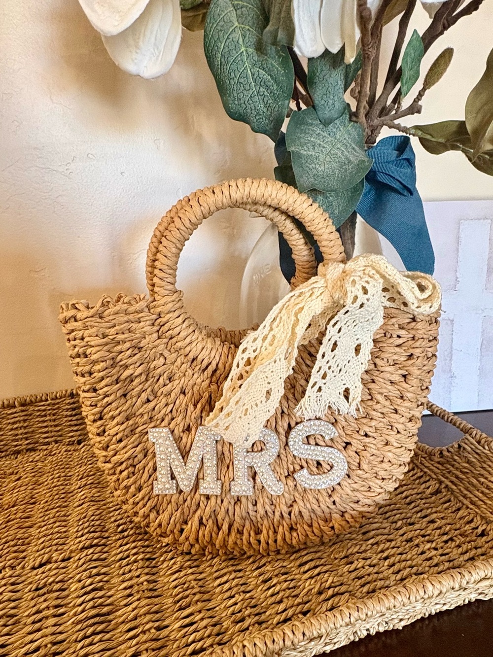 Natural Straw 'MRS' Tote Bag with Lace Accent